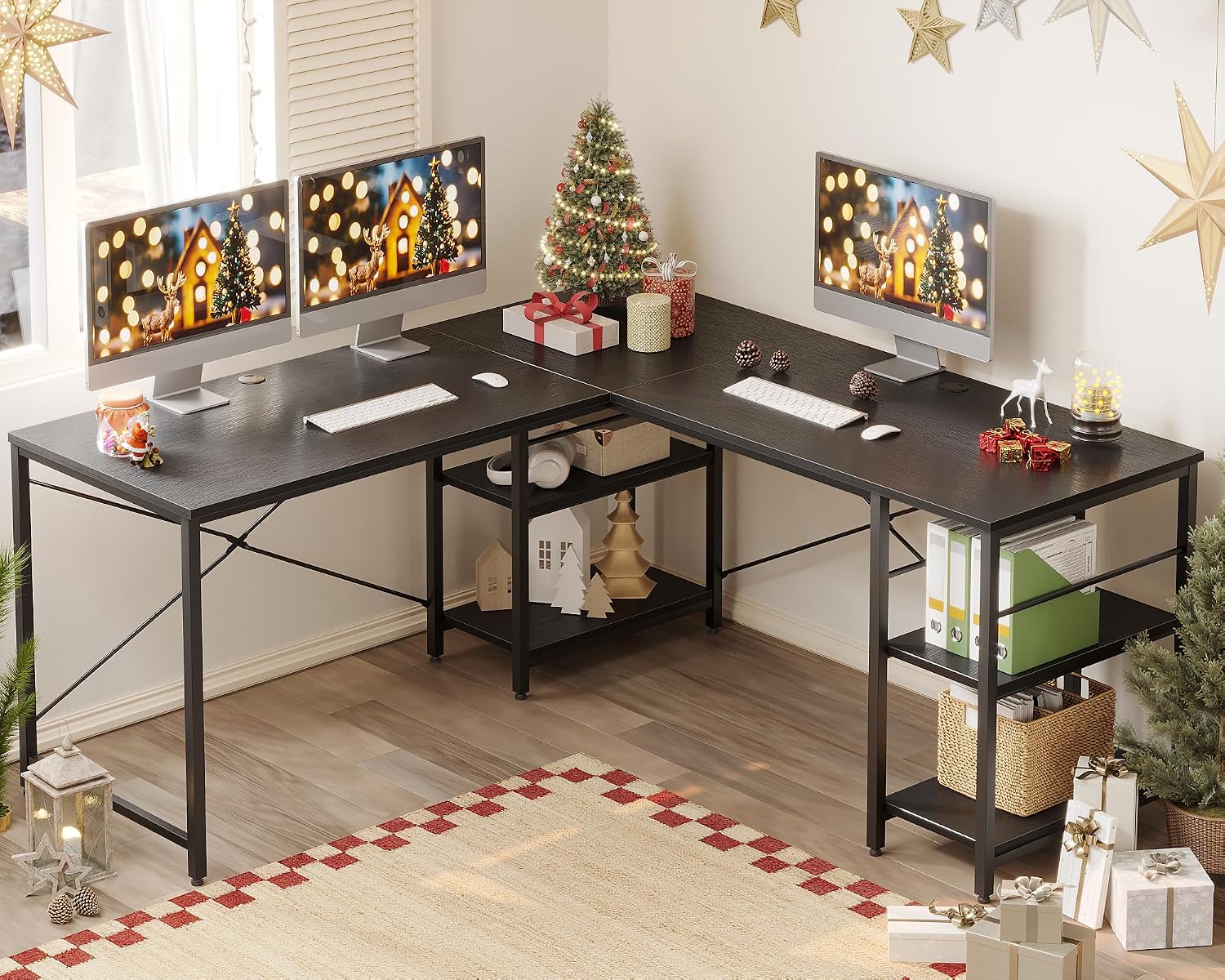 Bestier 95.2' L Shaped Desk, Reversible Corner Computer Desk or 2 Person Long Table with Adjustable Shelves, Large Writing Study Workstation with 3 Cable Holes - Black