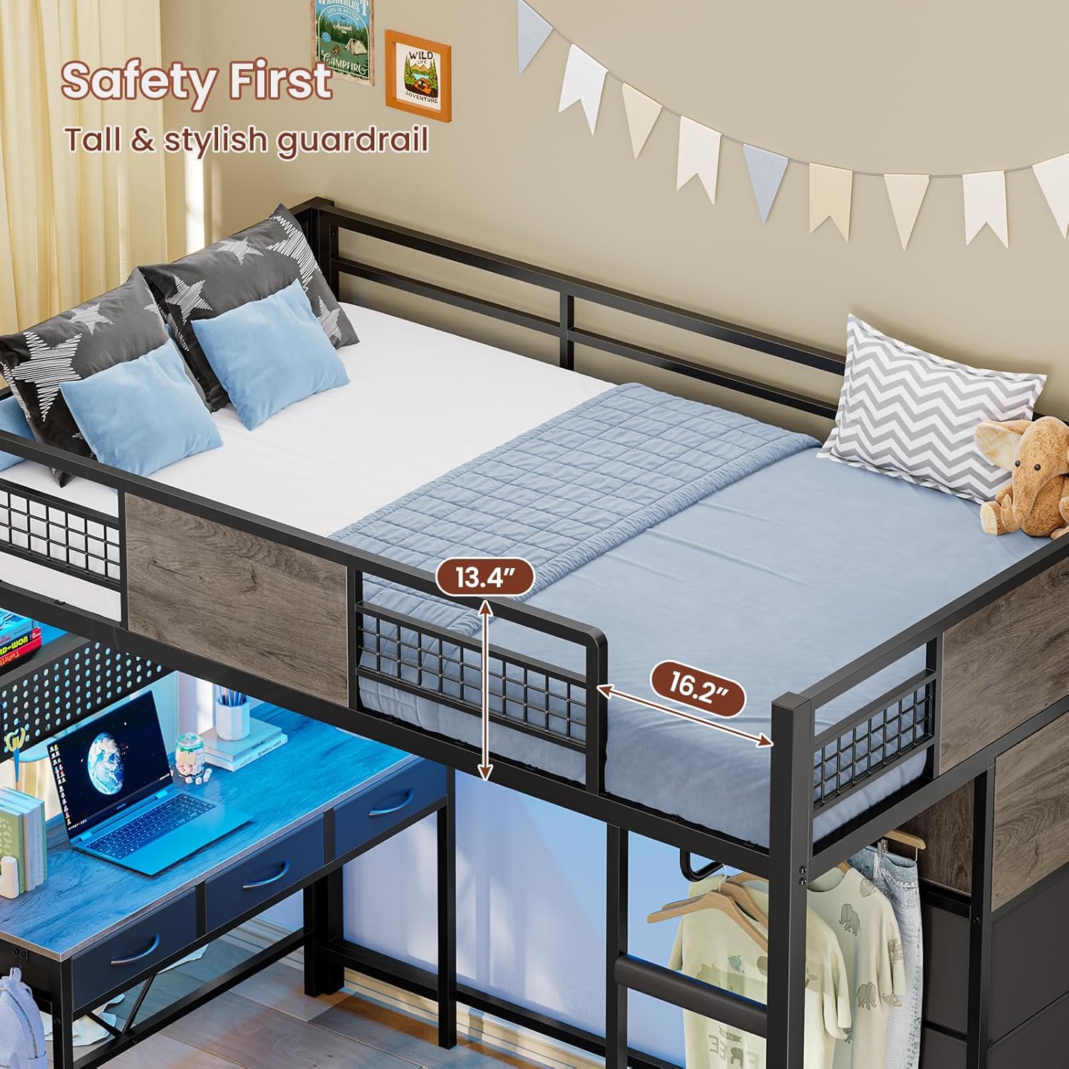 ADORNEVE Loft Bed Twin Size with Desk, 11 Storage Drawers, Metal Kids Loft with RGB Lights, Charging Station, Shelves & Clothing Rack, 13.4' H Safety Guard & Paded Ladder, Black & Grey