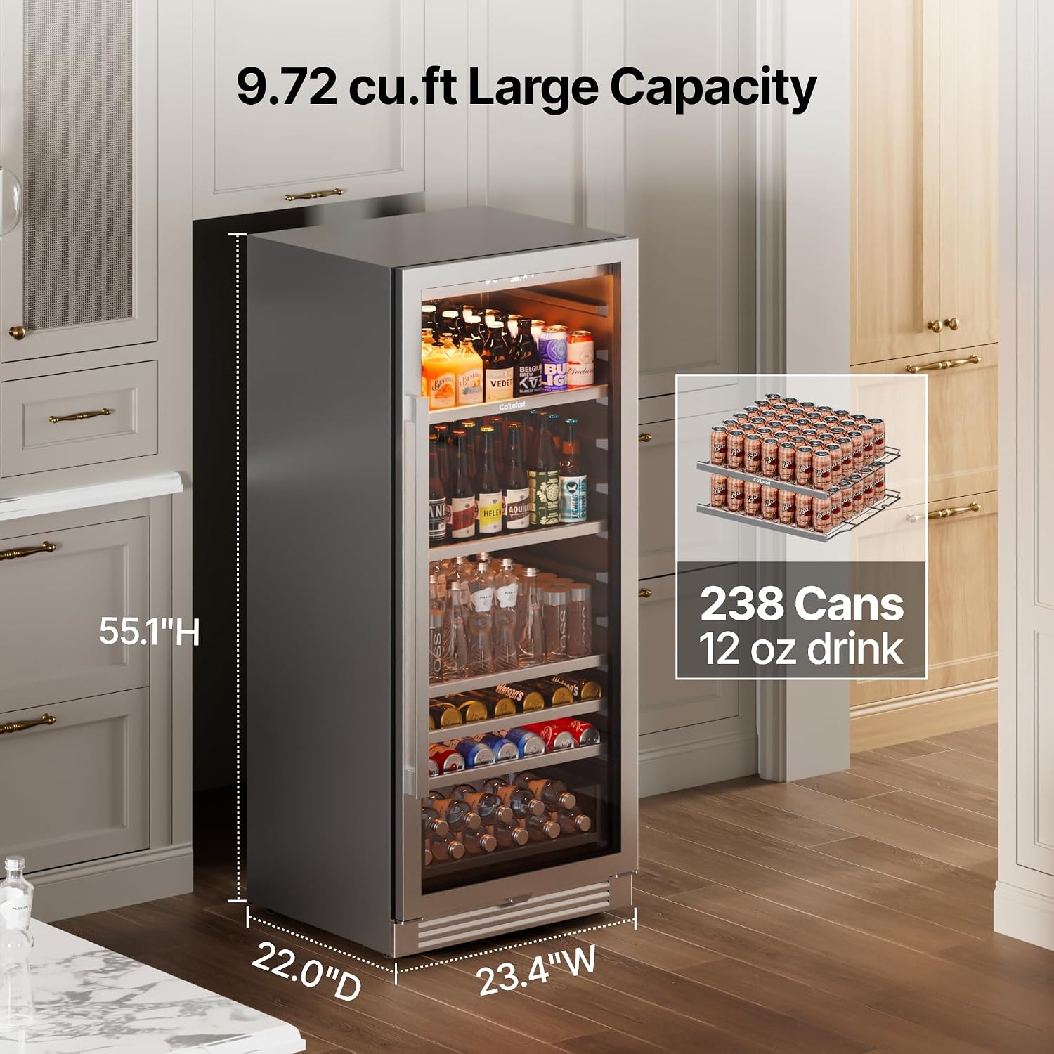 Ca'Lefort Beverage Refrigerator Cooler - 24 Inch Beverage Fridge 238 Can with Glass Door, Built-in or Freestanding Refrigerator with 3 Color LED, Drink Cooler for Soda Beer or Wine (Right-Hinged)