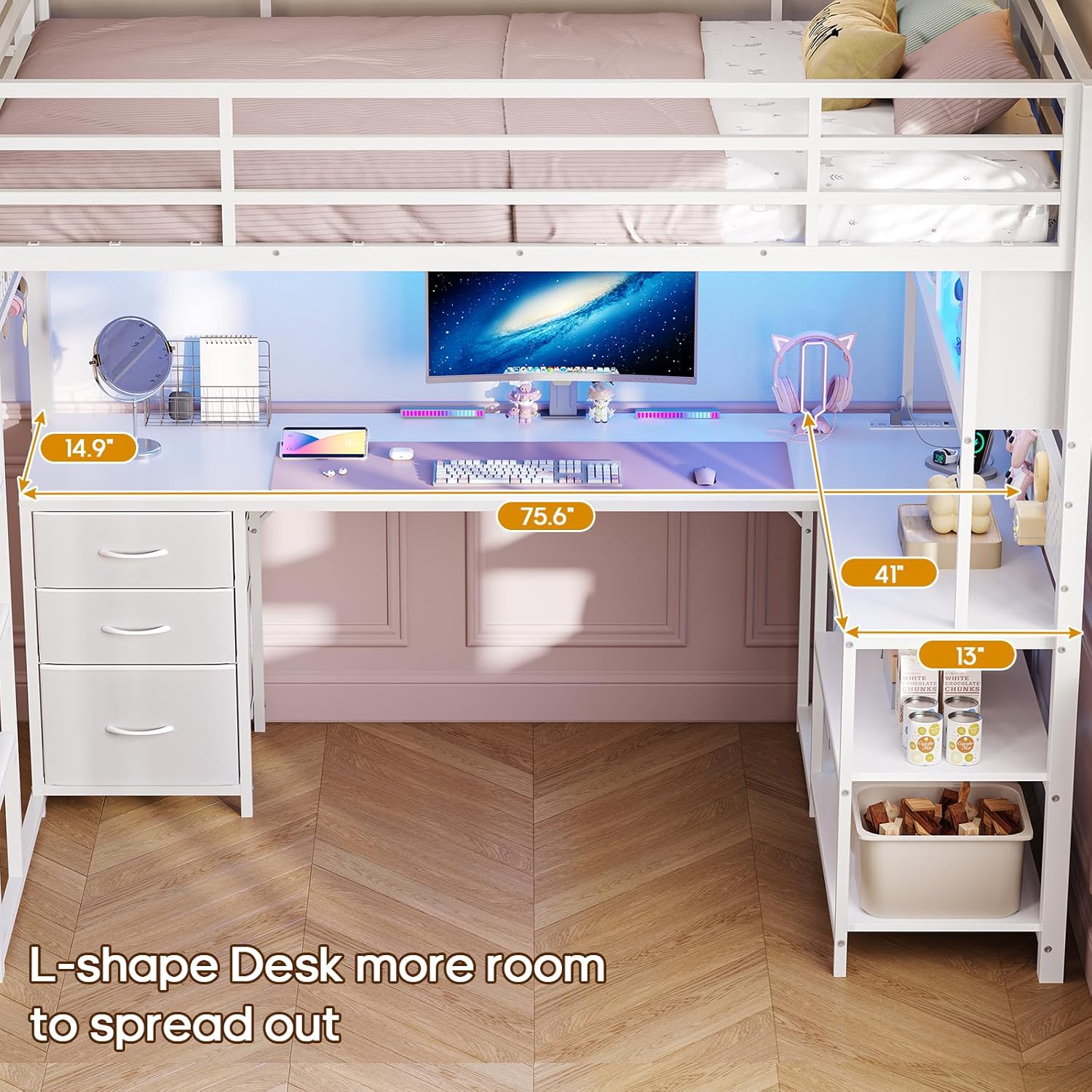 ADORNEVE Gaming Loft Bed Twin Size with L-Shaped Desk, Storage Drawers & RGB Arcylic Hutch, Expanded Safety Power Outlet, Metal LED Loft Bed Frame with Wide Ladder, for Teen Girls, White