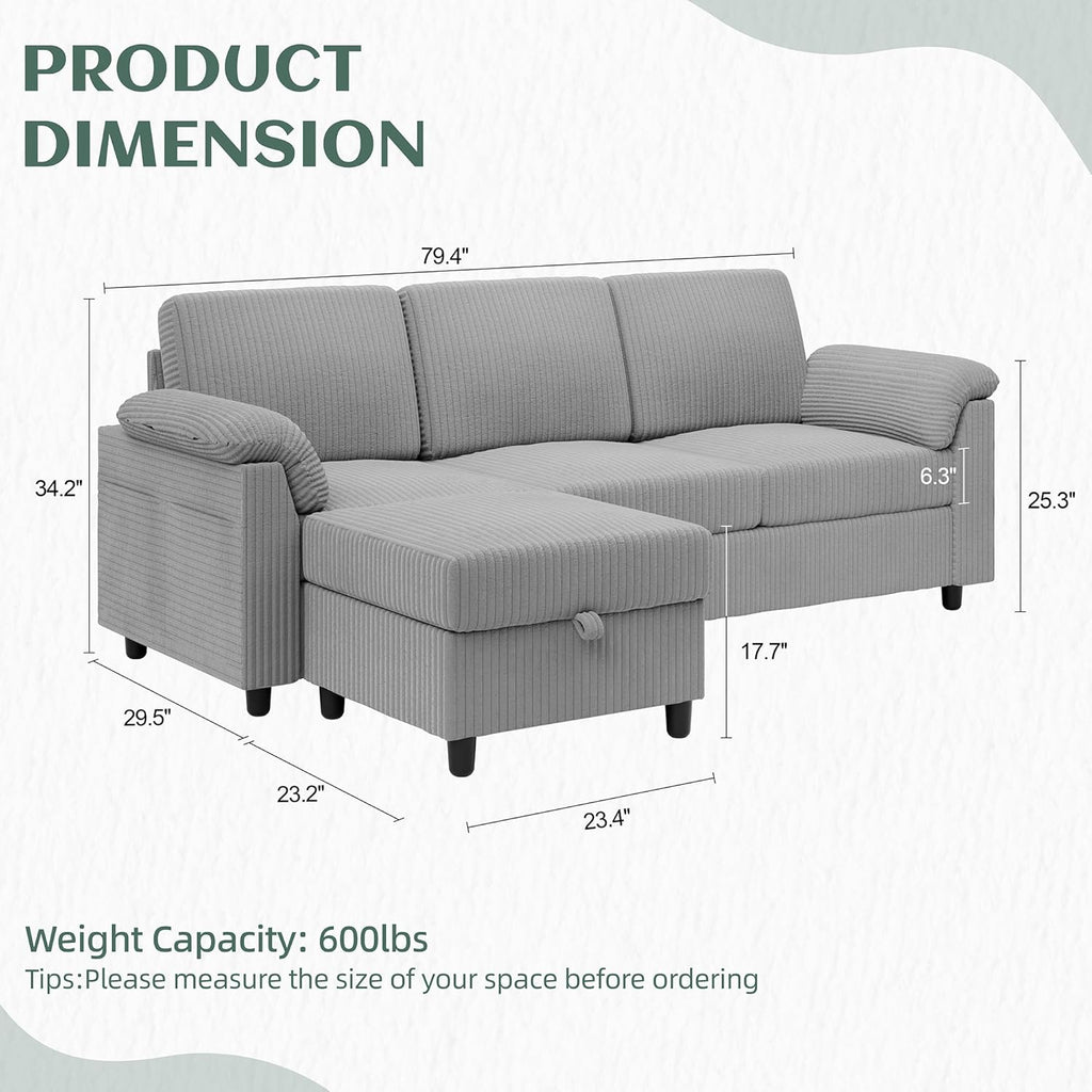 Vongrasig Convertible Sectional Couches Sofa, 3 Seat L Shaped Sofa with Removable Pillows Soft Corduroy Fabric Small Couch Mid Century for Living Room, Bed Room, Apartment and Office (Light Grey)