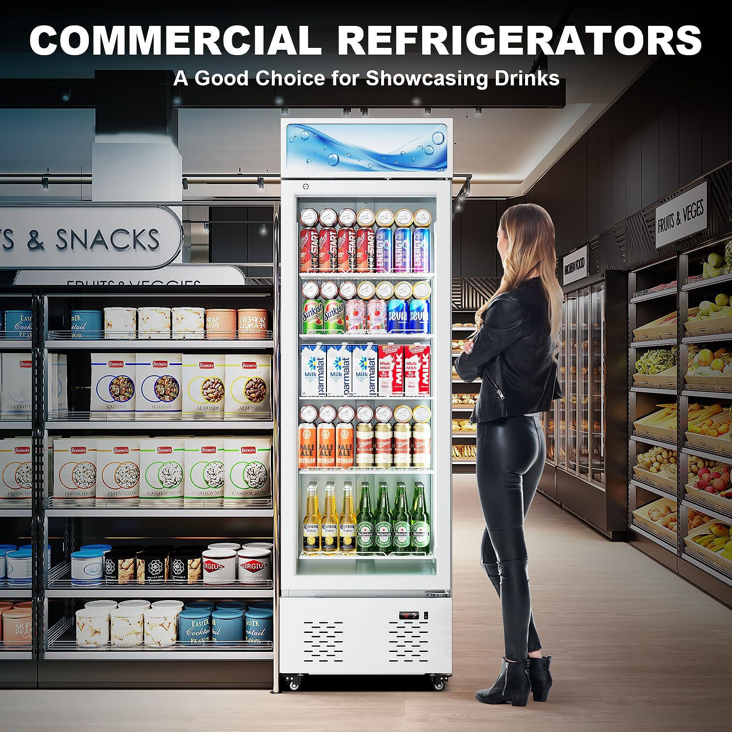 White Commercial Glass Door Display Refrigerator 11 Cu.ft Cooler Beverage Refrigerators with LED Light and 5 Shelves for Cafe Restaurant Store Bar
