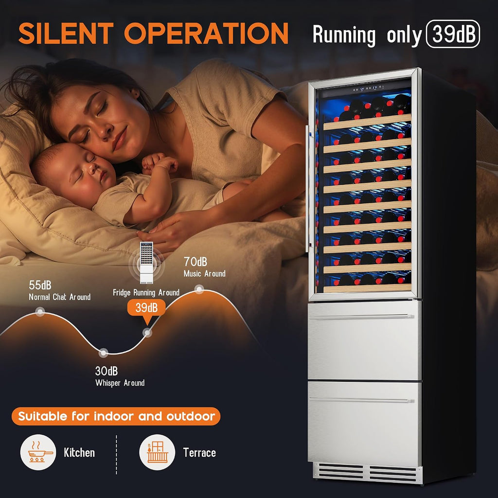 Albott 24 Inch Wine and Beverage Refrigerator, 2 In 1 Dual Zone 49 Bottle Wine Cooler 37–72℉ with Soft LED Light, Hold 108 Bottles and 150 Cans, Built-in or Freestanding Design for Home and Bar