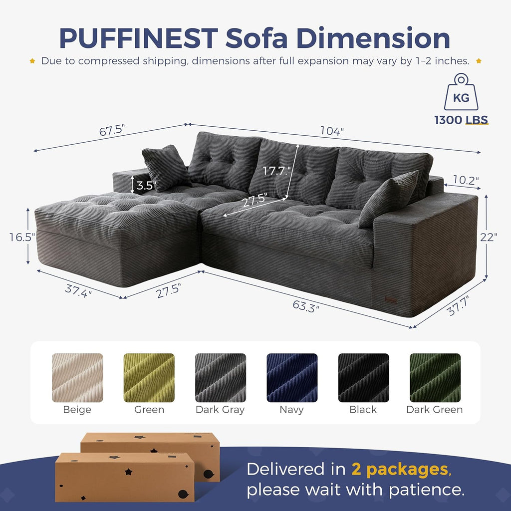 MAXYOYO 104' L Shaped Modular Sectional Sofa with Ottoman, Cloud Boneless Couch with Layered Cushion, Upholstered Sofa Flexible Module Combination for Living Room, No Assembly, Dark Grey