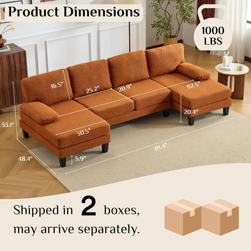 Karl home 110' U-Shape Sectional Couches for Living Room Chenille Upholstery 4 Seat Sofa Set with Double Chaises & Wood Grain Legs for Apartment, Orange
