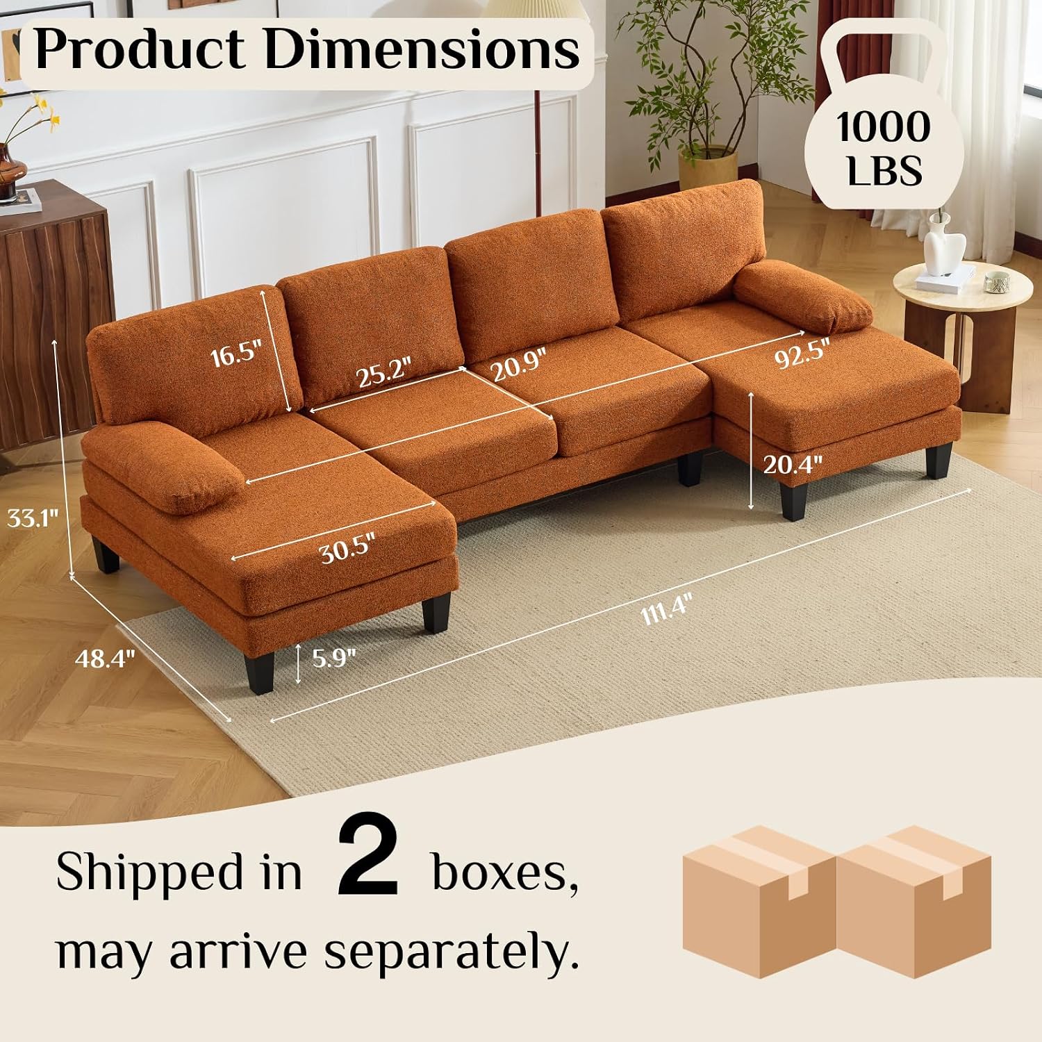 Karl home 110' U-Shape Sectional Couches for Living Room Chenille Upholstery 4 Seat Sofa Set with Double Chaises & Wood Grain Legs for Apartment, Orange