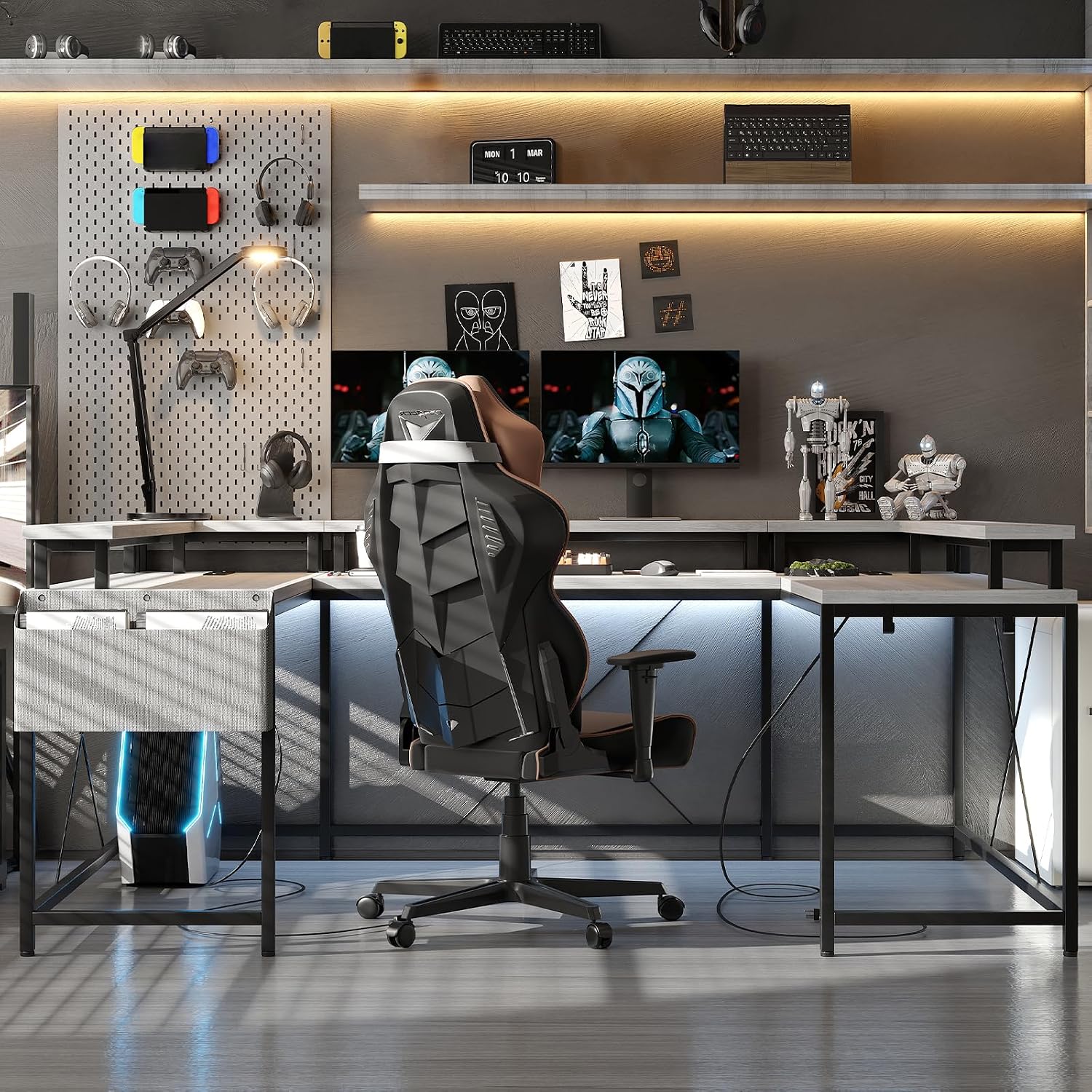 Patikuin U Shaped Desk with Power Outlets, USB Ports & RGB LED Lights, 79 Inch Large Corner Computer Desk with Monitor Stand, Reversible Gaming Desk for Home Office, Ergonomic Workstation (Oak)