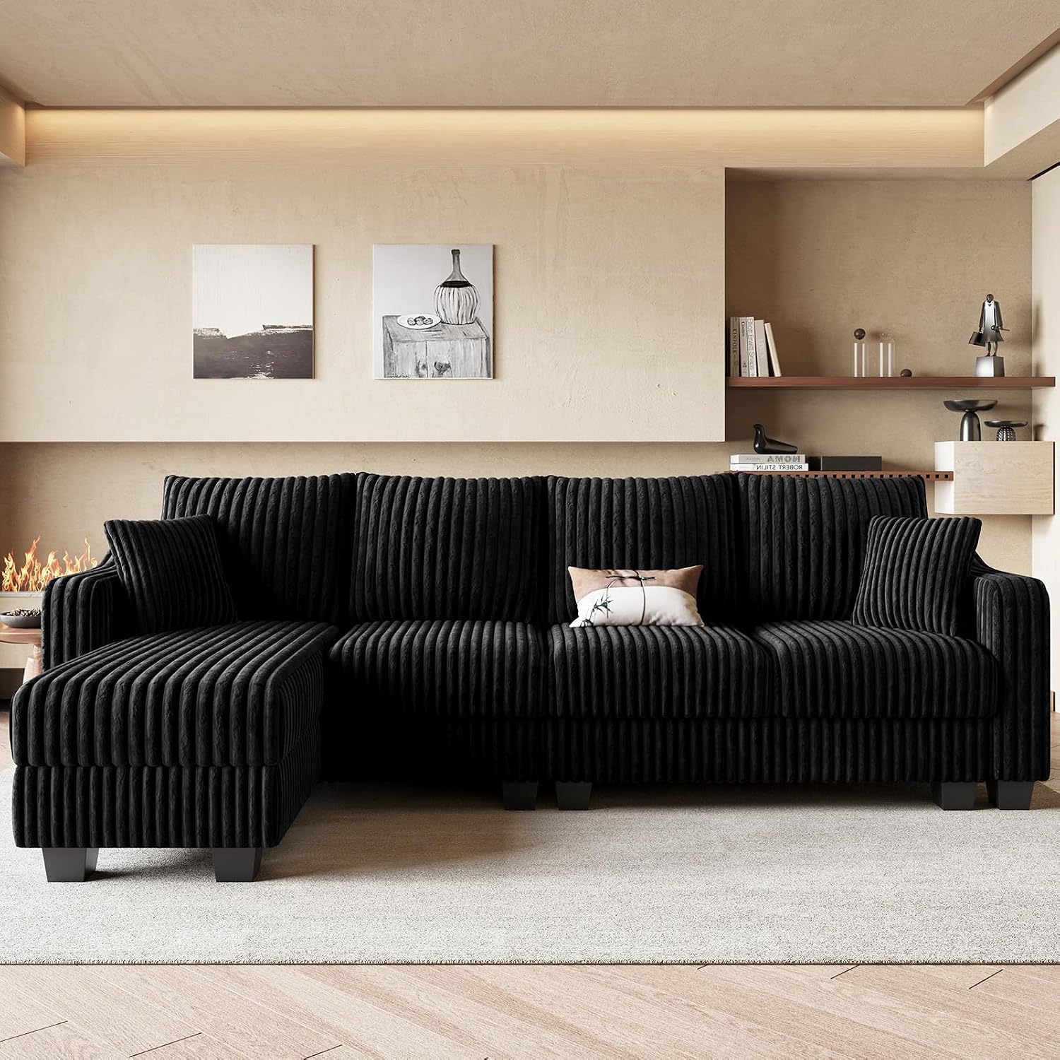 Belffin Sectional Couch with L-Shape Chaise L Shaped Couch with Ottoman Sectional Couches for Living Room Corduroy (Black, L Shaped)