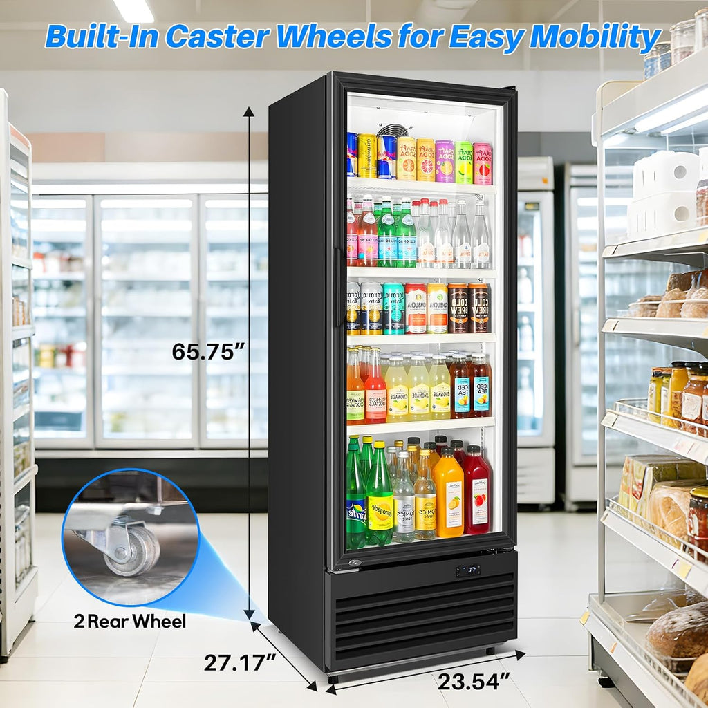 Commercial Beverage Refrigerator, 24.5' Glass Door Display Fridge, 15 Cu.Ft Freestanding Beverage Cooler with 4 Adjustable Shelves, Auto Rebound Door, Low Noise, for Shops, Restaurants & Bars, Black