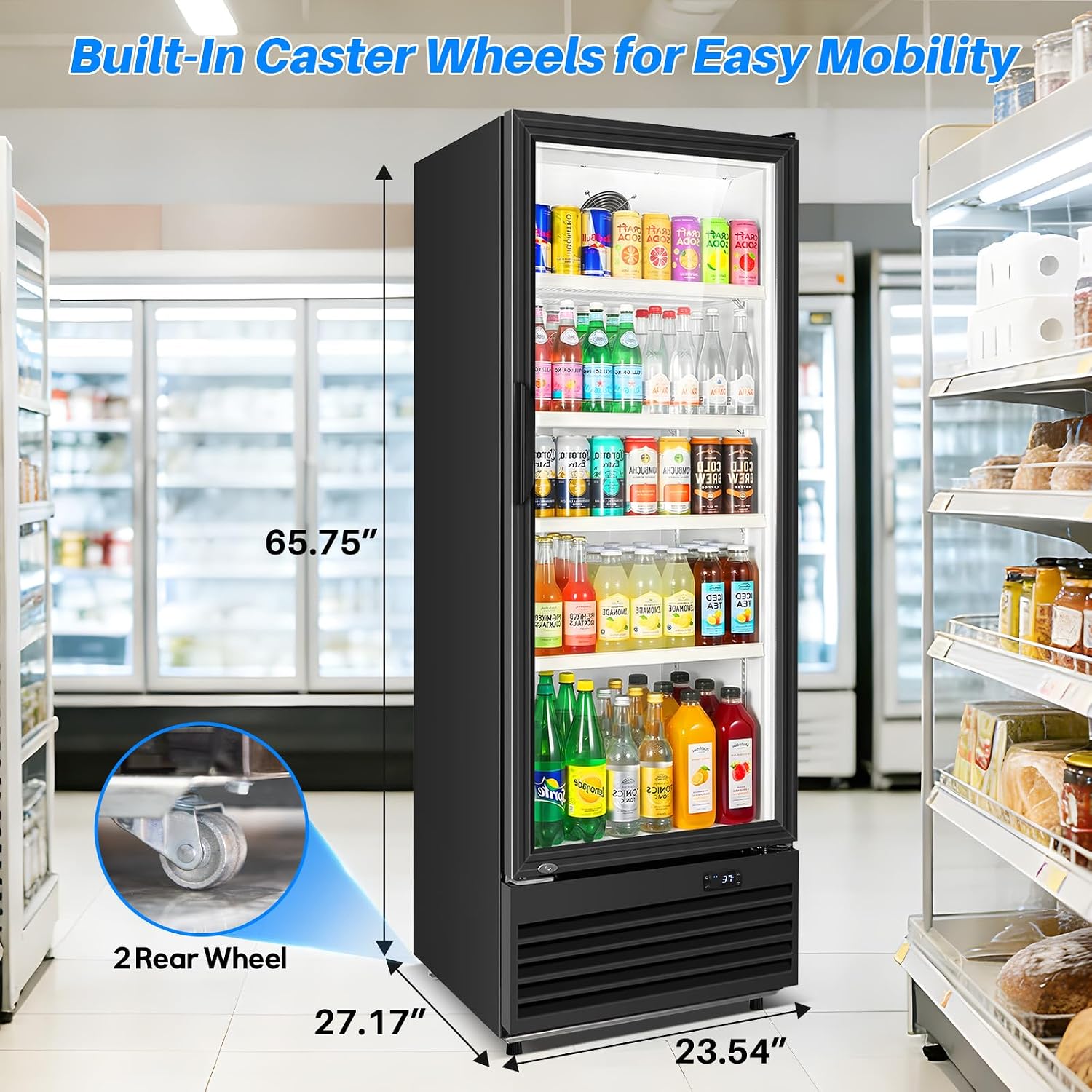 Commercial Beverage Refrigerator, 24.5' Glass Door Display Fridge, 15 Cu.Ft Freestanding Beverage Cooler with 4 Adjustable Shelves, Auto Rebound Door, Low Noise, for Shops, Restaurants & Bars, Black