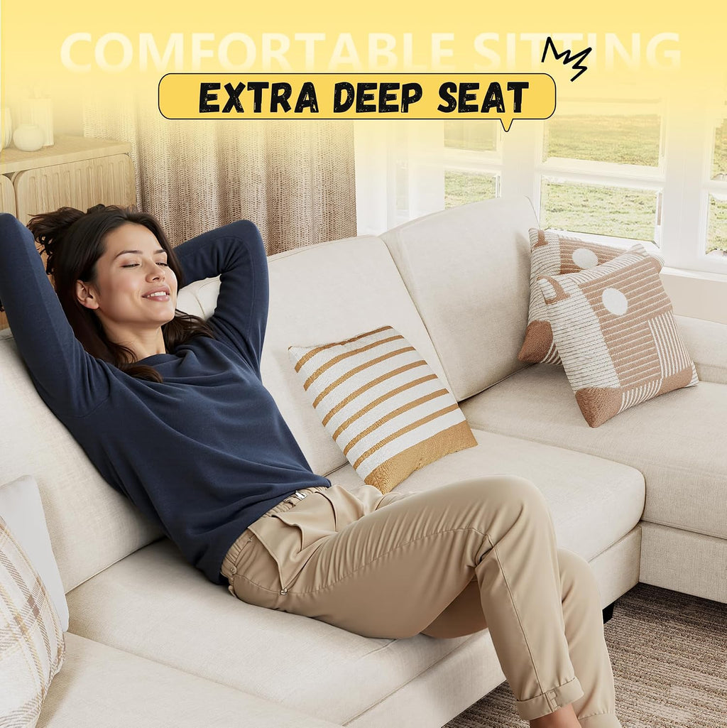 JUMMICO Sectional Couches for Living Room, U Shaped Couch with Chenille Fabric, 4 Seat Modern Sofa with Removable Pillows for Apartment and Small Space (Fabric, White)
