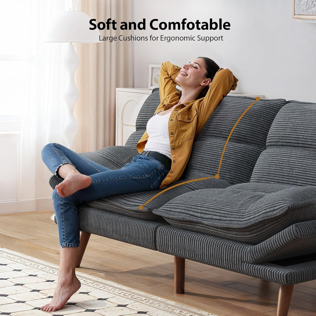 Pipishell Futon Sofa Bed, Convertible Futon Adjustable Backrest & Armrests, Corduroy Sleeper Couch for Small Spaces, Living Room, Office, Guest Room (Asphalt Grey, 66 Inch)
