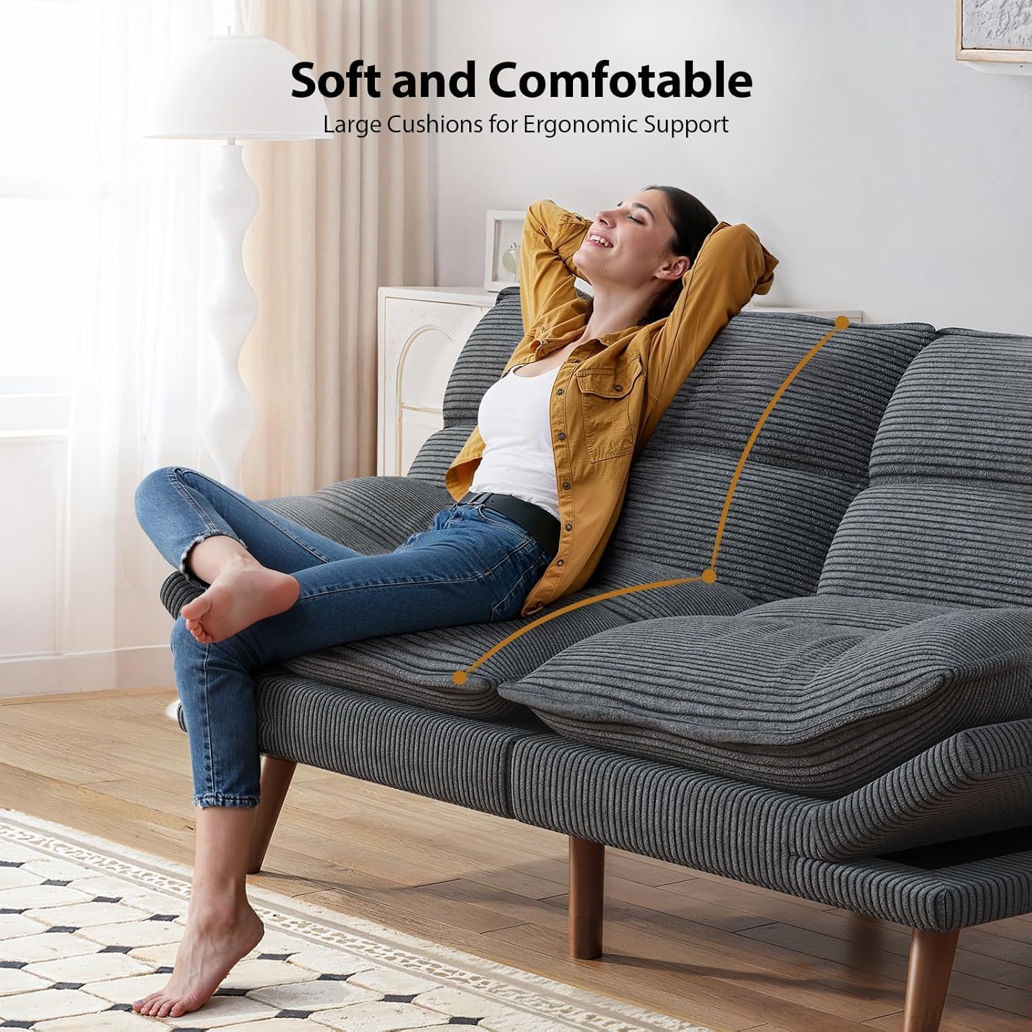 Pipishell Futon Sofa Bed, Convertible Futon Adjustable Backrest & Armrests, Corduroy Sleeper Couch for Small Spaces, Living Room, Office, Guest Room (Asphalt Grey, 66 Inch)