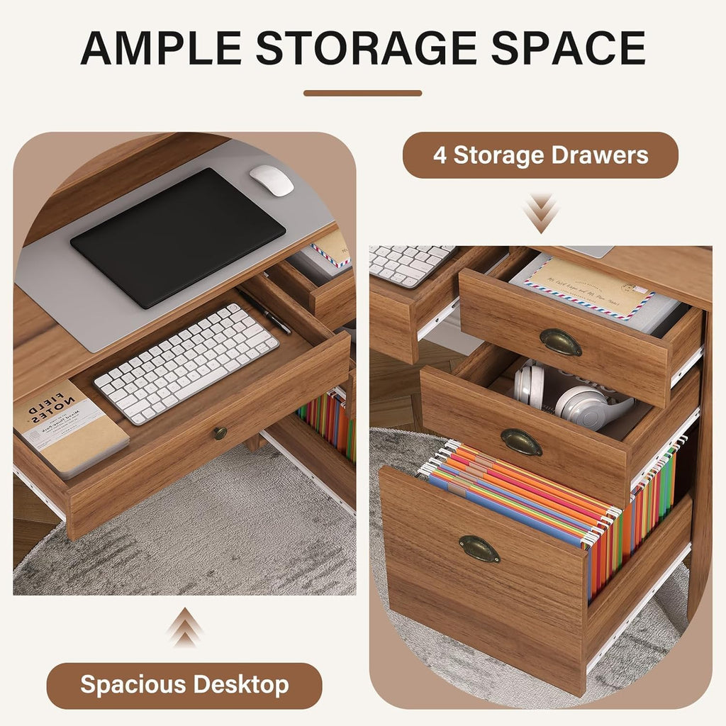 4 EVER WINNER Small Desk with Drawers, 47'' Wooden Desk with Monitor Stand and File Drawer, Computer Desk with Storage for Bedroom, Living Room, Small Spaces, Walnut