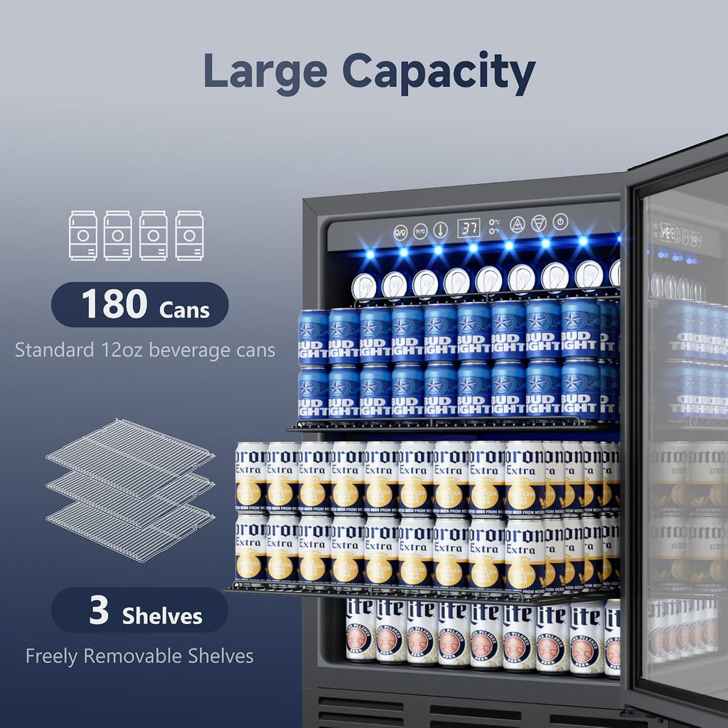24 Inch Beverage Refrigerator, 180 Cans Beverage Refrigerator with Glass Door, LED Light, Under Counter Refrigerator for Soda, Water, Wine, Drink Fridge for Home, Bar or Office