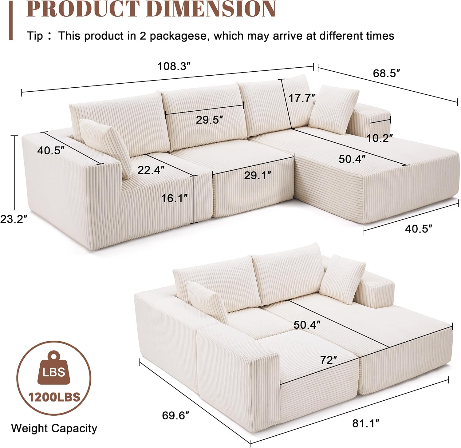 Weture 108' Modular Sectional Sofa, Cloud Sectional Couch with Deep Seat, Modern Modular L-Shape Sofa with Chaise,Upholstered Boneless Couches for Living Room (Corduroy, Beige)