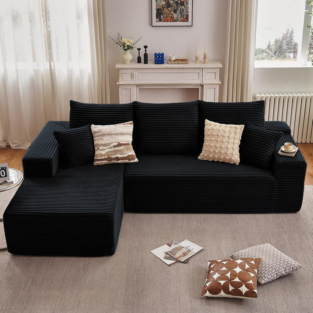 107' Cloud Sectional Couch with L-Shape Chaise, Modern Modular Comfy Sofa with Deep Seat, Upholstered Corduroy Couches Sleeper Chaise Longue for Living Room Bedroom, No Assembly Required, Black