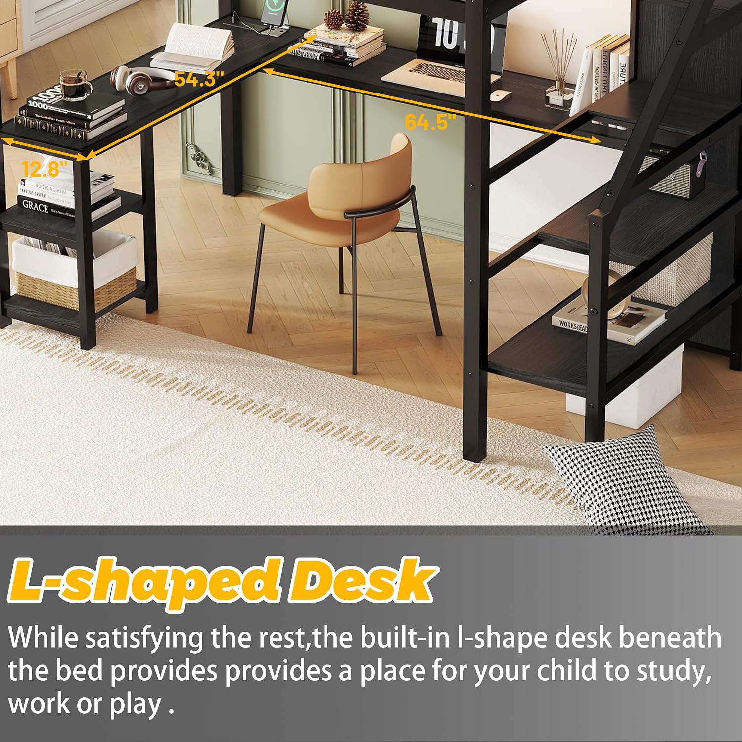 Full Size Loft Bed with Stairs and Desk, Metal Gaming Loft Bed with RGB LED Light, Heavy-duty Steel Loft Bed Frame with Storage Wardrobe, Shelves and Charging Station for Adults Kids Teens, Black