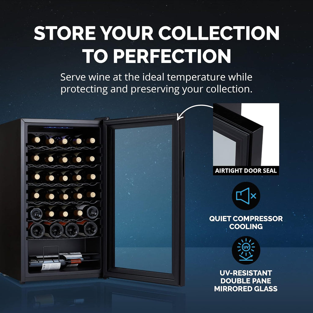 Newair 34 Bottle Wine Cooler Refrigerator | Shadow Series | Freestanding Mirrored Wine and Beverage Fridge with Double-Layer Tempered Glass Door & Compressor Cooling For Reds, Whites, & Sparkling Wine