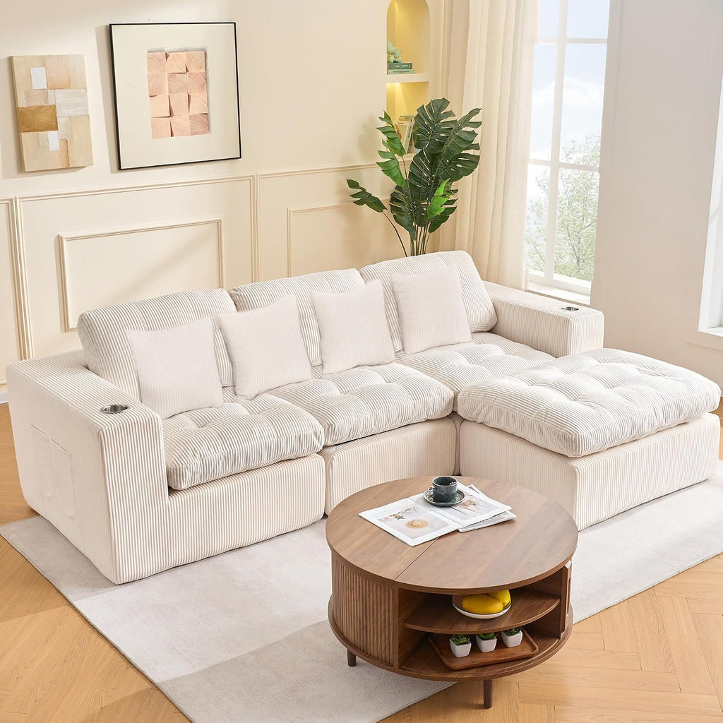 108 inch L Shaped Modular Sofa Bed, 50' Deep Seat Corduroy Boneless Sectional Couch with Ottoman No Assembly, 1400lbs Capacity Cloud Sleeper for Living Room Apartment (Light Beige)