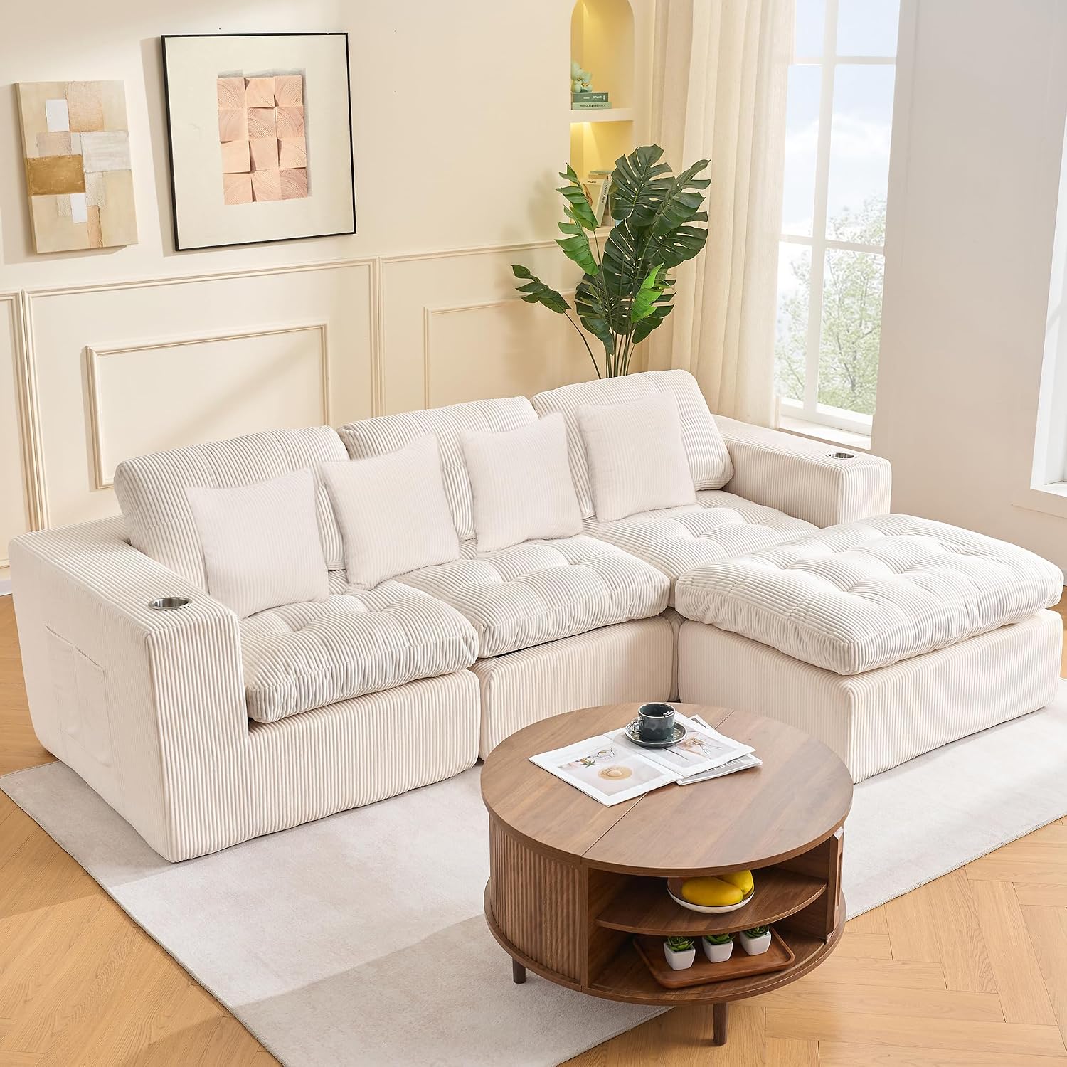 108 inch L Shaped Modular Sofa Bed, 50' Deep Seat Corduroy Boneless Sectional Couch with Ottoman No Assembly, 1400lbs Capacity Cloud Sleeper for Living Room Apartment (Light Beige)