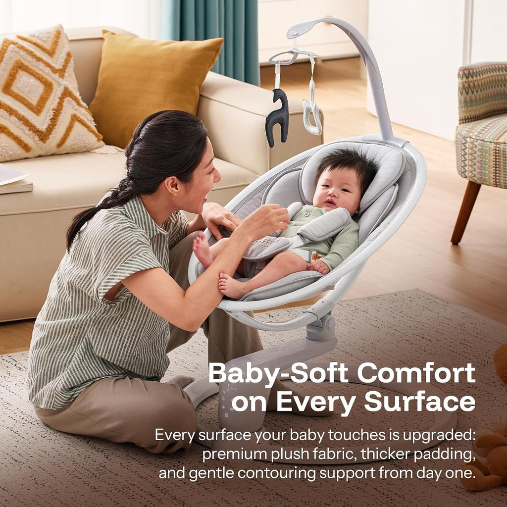 HARPPA Weddell Plus Electric Baby Swings for Infants and Newborns, Eye-Level Baby Swing 5 Speeds and Remote Control 10 Built-in Melodies, 2 Seat Positions & 180° Rotation for Indoor Use, Light Gray