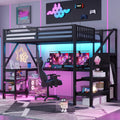 Full Size Loft Bed with Stairs and Desk, Gaming Loft Beds with RGB LED Light and Storage Shelf, Heavy-duty Metal Loft Bed Frame with Wardrobe, Charging Station for Adults Kids Teens, Black