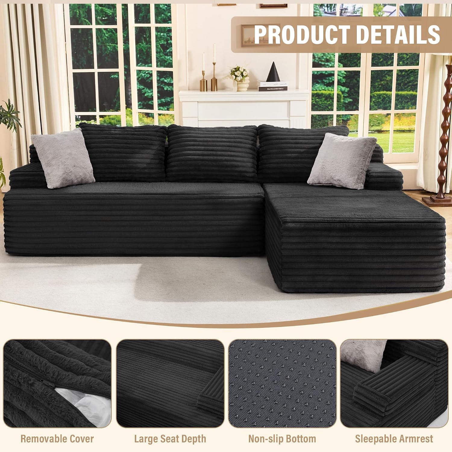 Hobestluk Modular Sectional Sofa Couches L-Shape Couch 3 Seat Modular Sofa Memory Foam Sectional Couches for Living Room, Cloud Couch with Oversized Chaise (96' Right Facing Chaise)