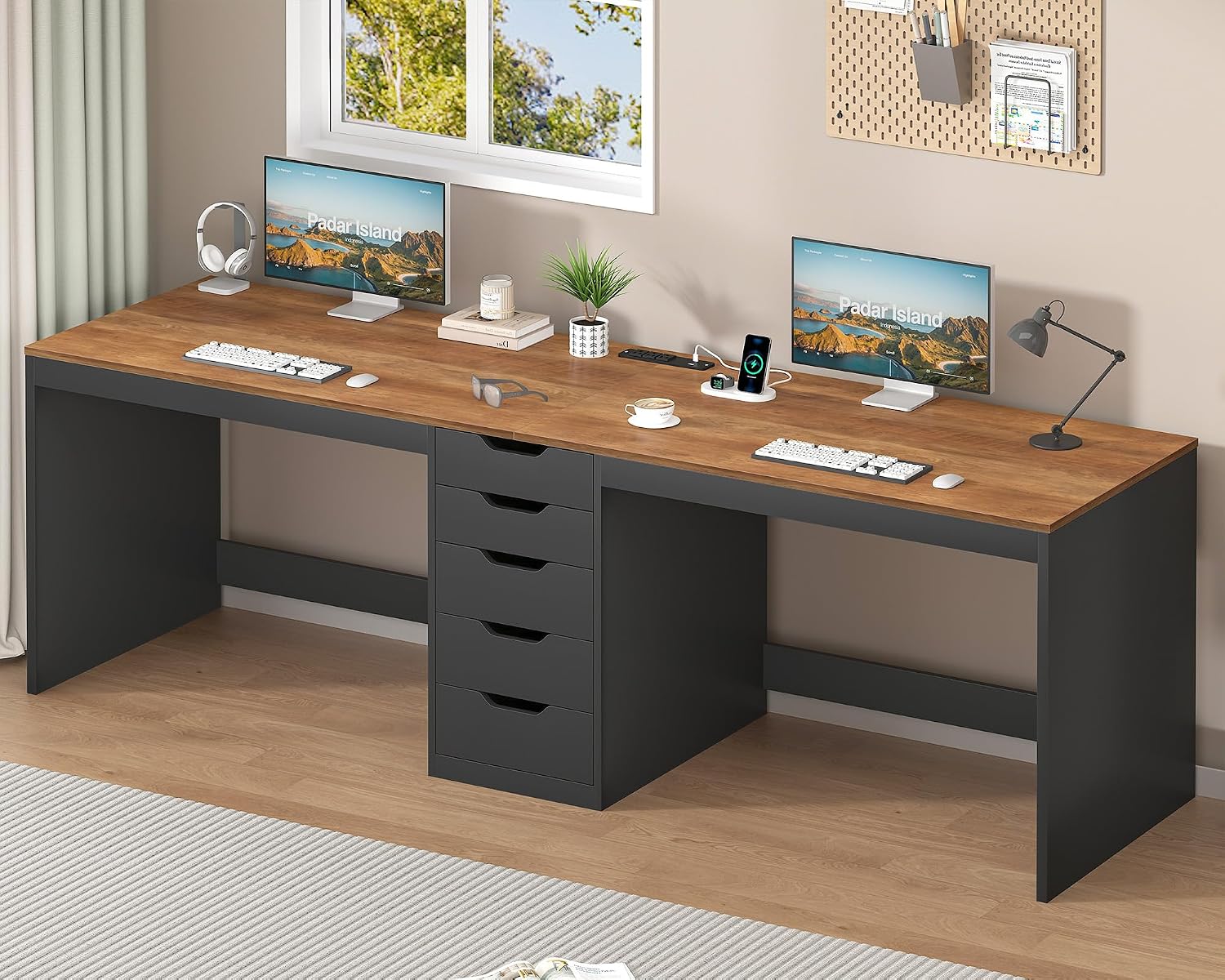 YOMILUVE 2 Person Desk with 5 Drawers and Power Outlets, 78.7 Inch Long Computer Desk with Storage File Cabinet, Two Person Home Office Double Desk with Storage, Brown and Black