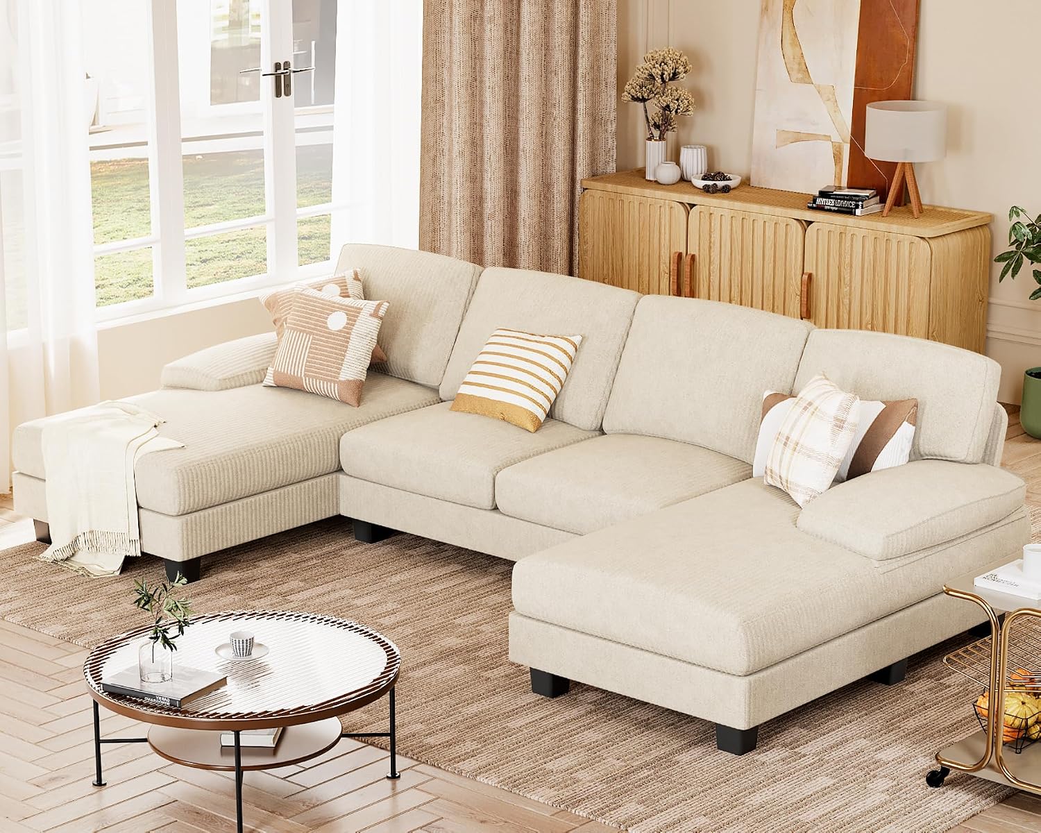 JUMMICO Sectional Couches for Living Room, U Shaped Couch with Chenille Fabric, 4 Seat Modern Sofa with Removable Pillows for Apartment and Small Space (Corduroy, Beige)