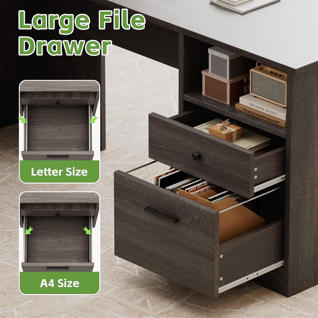 MU L Shaped Desk with File Drawer, 60 Inch Corner Desk with Storage Drawers & Cabinet, Large Home Office Desk with Power Outlets, Wood Executive Office Desk, Grey
