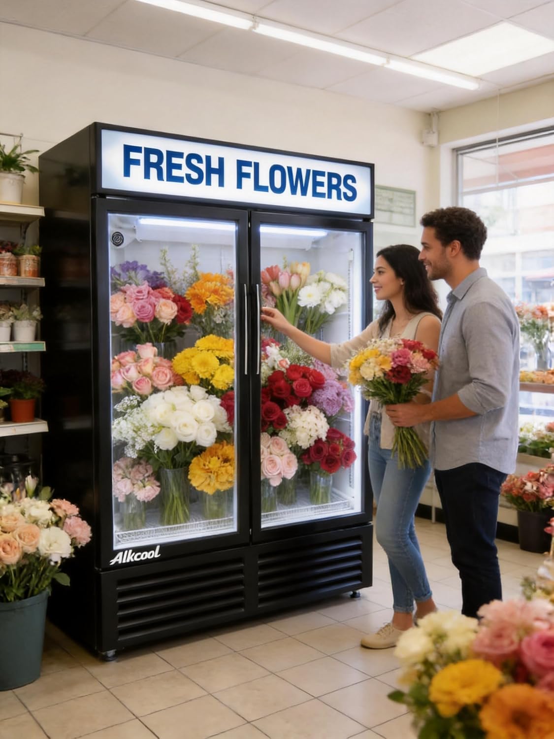 Commercial Flower Beverage Refrigerator Floral Display Fridge,Two Glass Door Drink Cooler with LED Light Adjustable Shelves,ETL Sanitation,46 Cu Ft,54' Wide,Wheels Included
