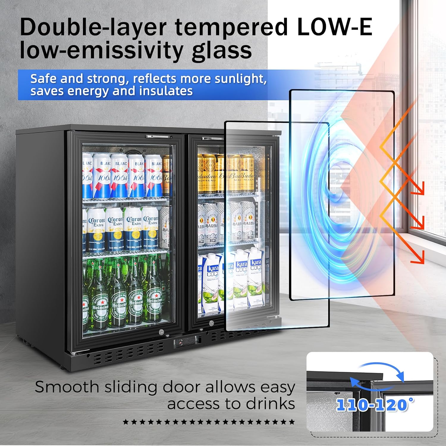 Back Bar Cooler with 2 Glass Doors Commercial Under Counter Beverage Refrigerator 7.4 Cu.ft. ETL Black Drink Fridges for Bar,Office,Convenience Stores