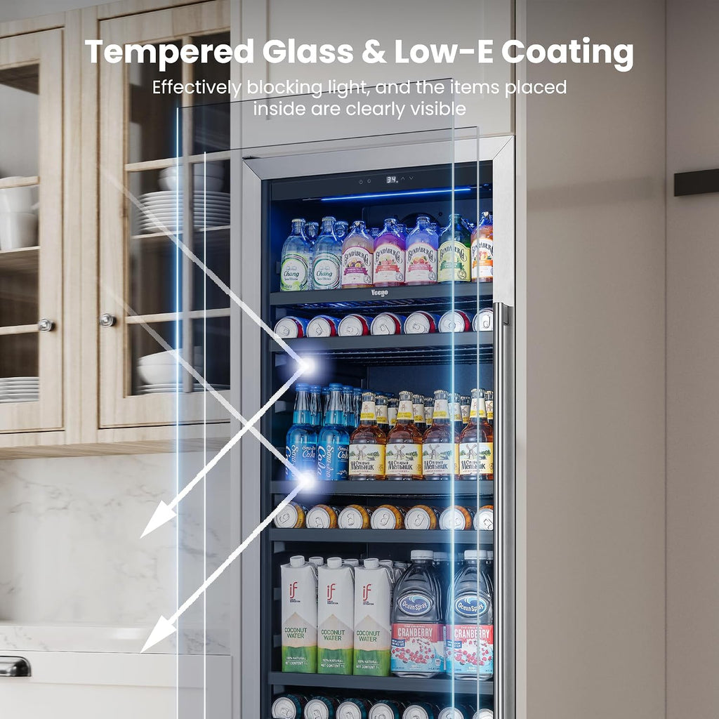 Beverage Refrigerator 24 inch -378 Cans Capacity Beverage Cooler, Upgraded Beverage Refrigerator Freestanding or Built-In, Drink Cooler for Soda, Water, Beer or Wine - For Kitchen, Bar or Office