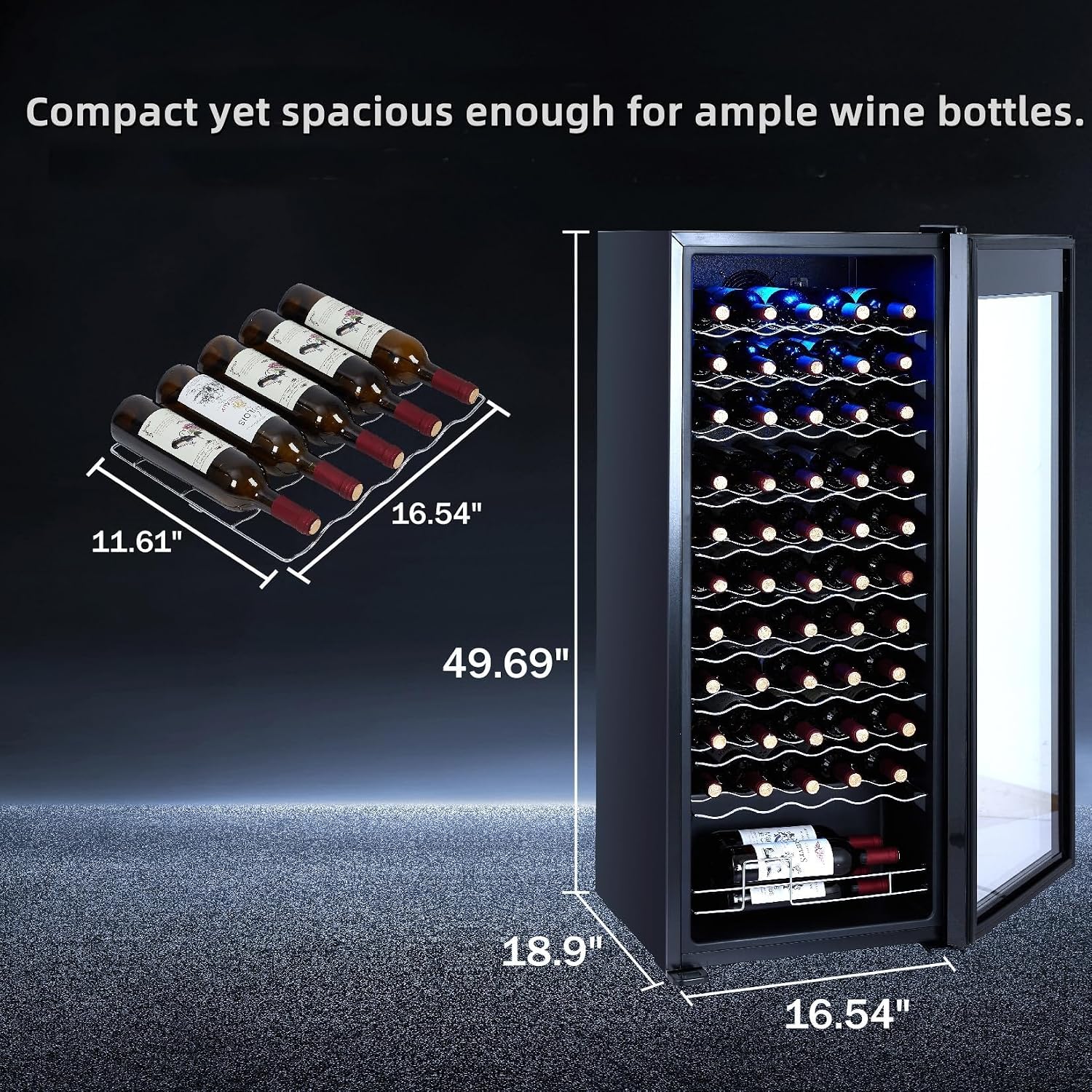 GarveeHome Wine Cooler, 46 Bottle Freestanding or Built-in Metal Design, Wine Fridge, Single Zone Dual Temperature Wine Fridge for Red, White and Champagne with Adjust Temperature, Black