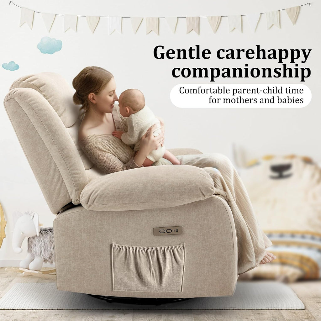 Korser Power Recliner Chair, Electric Rocker Recliner with Massage and Heat, 270° Swivel Glider, Oversized Wide Seat with USB Port, Cashmere Nursery Chair for Living Room, Khaki