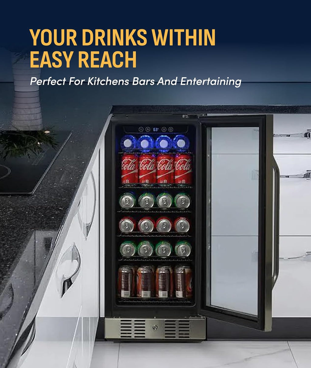NewAir 96 Can Built-In Beverage Refrigerator | 15' Small Mini Fridge for Bedroom, Home Bar or Office | Quiet Cooling & Precise Temperature Control | Stainless Steel