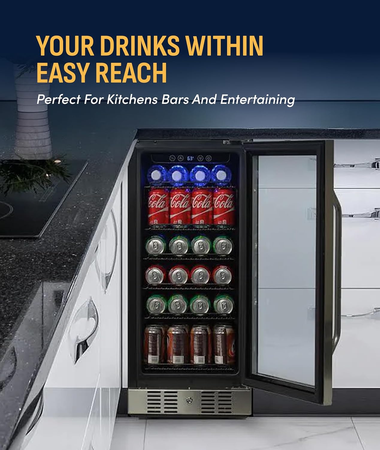 NewAir 96 Can Built-In Beverage Refrigerator | 15' Small Mini Fridge for Bedroom, Home Bar or Office | Quiet Cooling & Precise Temperature Control | Stainless Steel