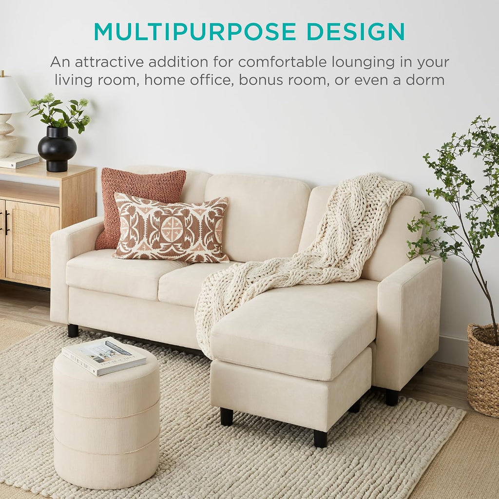 Best Choice Products Upholstered Sectional Sofa for Home, Apartment, Dorm, Bonus Room, Compact Spaces w/Chaise Lounge, 3-Seat, L-Shape Design, Reversible Ottoman Bench, 680lb Capacity - Ivory