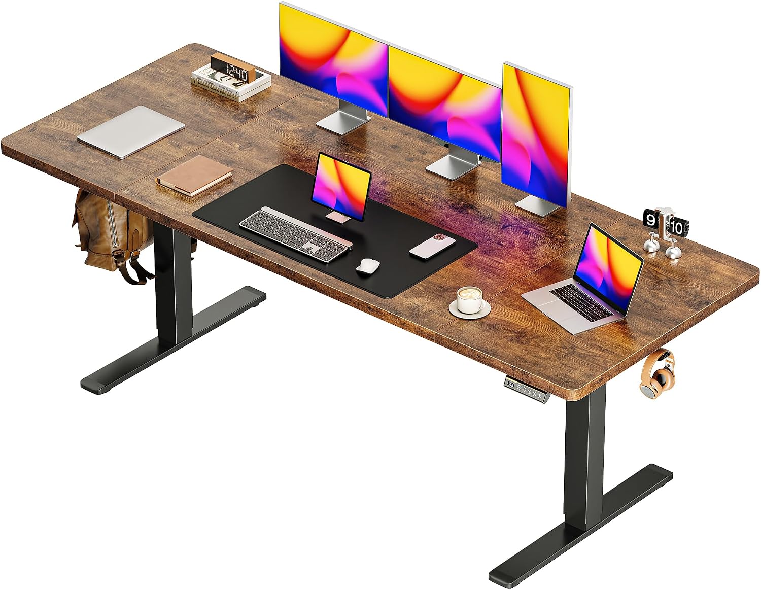 Huuger 71 x 30 Large Electric Standing Desk, Height Adjustable Computer Desk, 29.5' Deep Desktop, Stand up Gaming Office Table with 2 Hooks, 3 Preset Heights, for Home Office, Rustic Brown