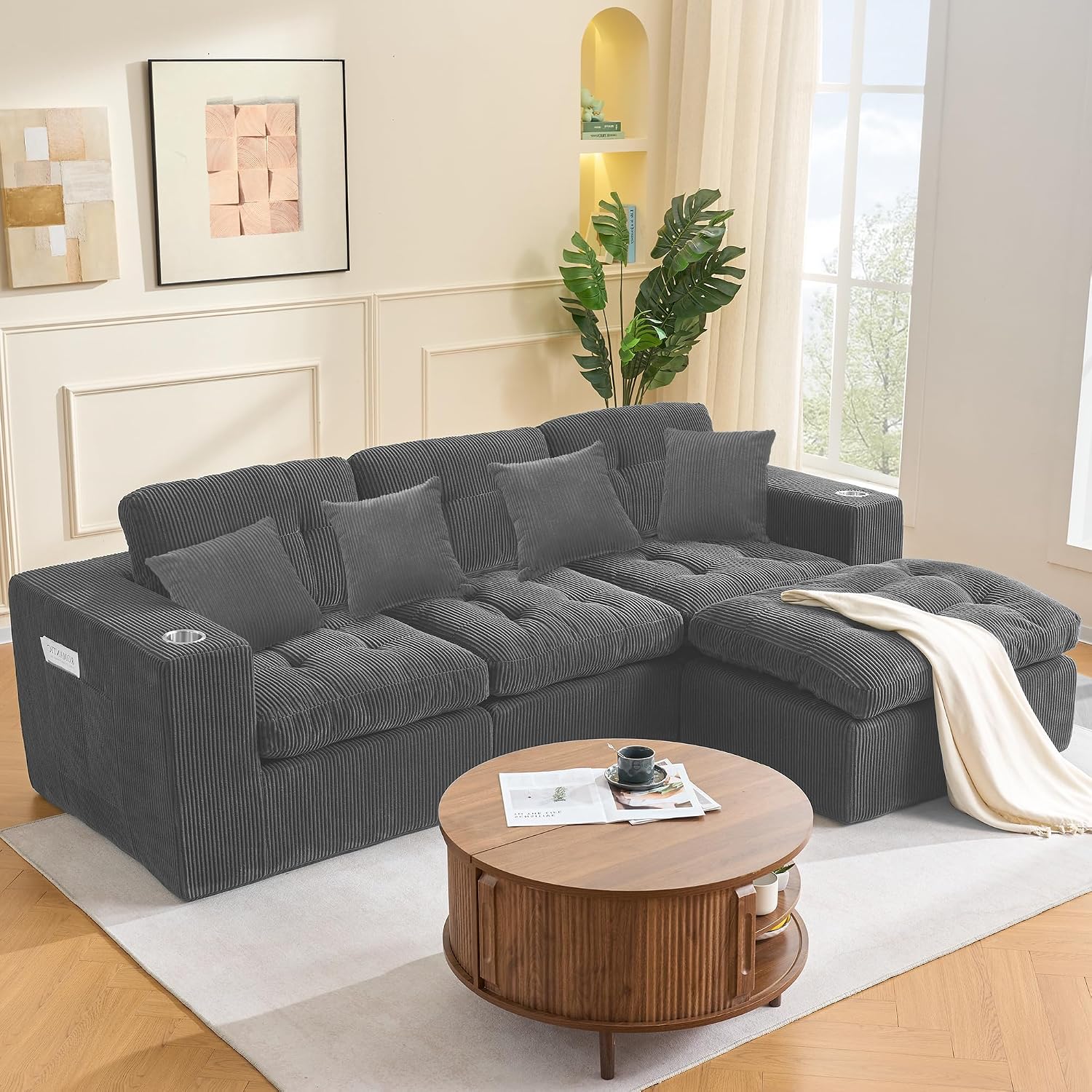 108 inch L Shaped Modular Sofa Bed, 50' Deep Seat Corduroy Boneless Sectional Couch with Ottoman No Assembly, 1400lbs Capacity Cloud Sleeper for Living Room Apartment (Dark Gray)