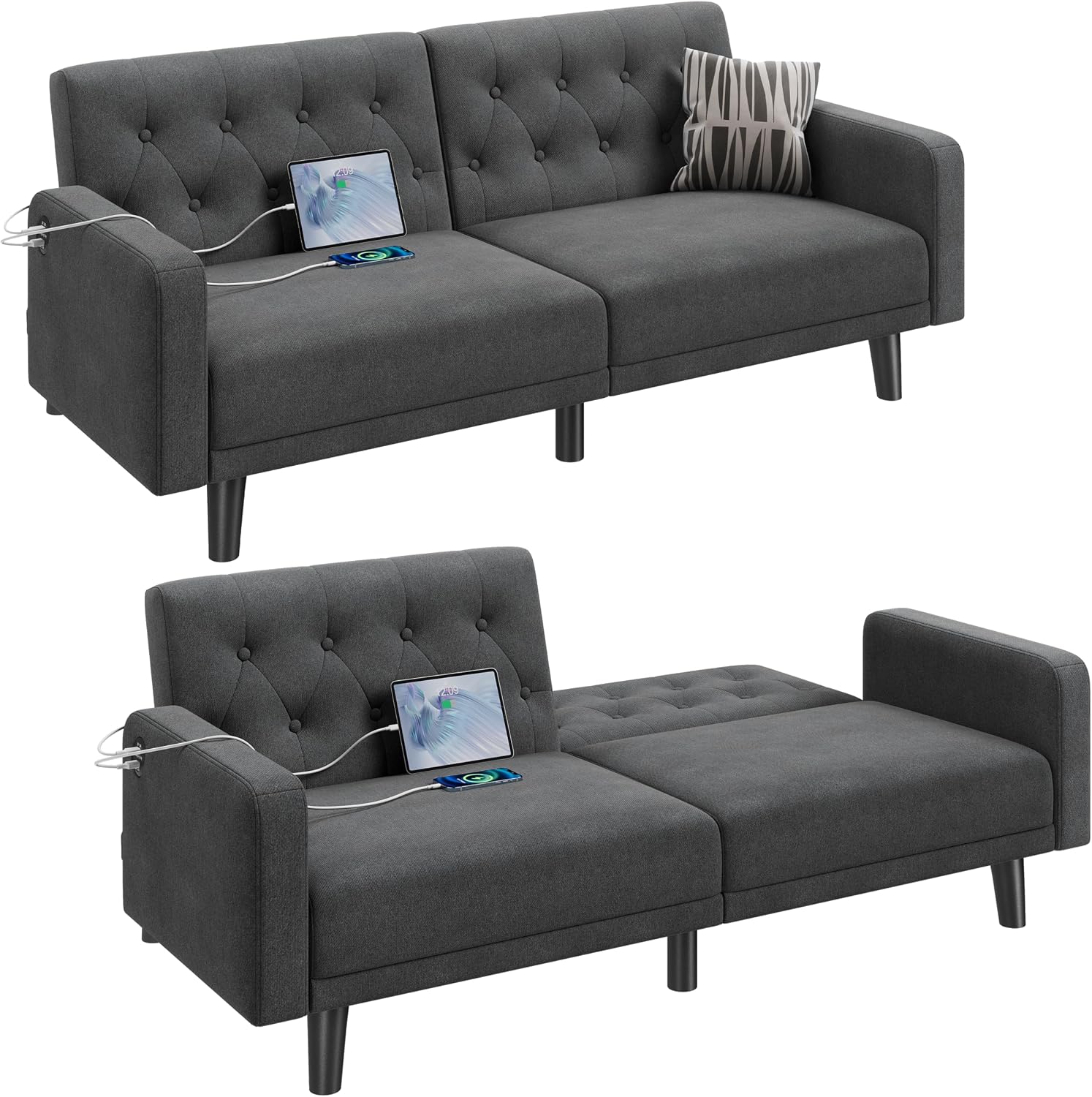 Yaheetech 63' Convertible Couch Small Futon Sofa Bed with 2 USB Ports, Reclining Backrest & Removable Armrests, Mid Century Modern Loveseat for Living Room, Apartment, Office, Dark Gray