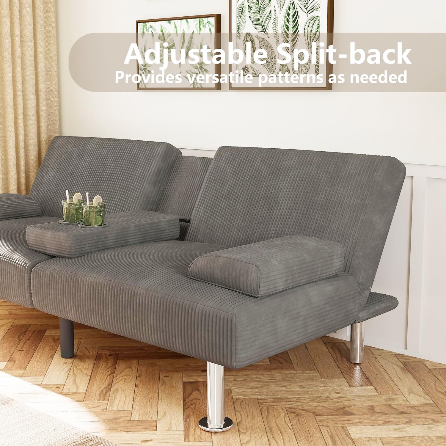 Flamaker Futon Sofa Bed Modern Folding Futon Set Convertible Recliner Lounge for Living Room with 2 Cup Holders, Removable Armrests (Corduroy, Marble Grey)