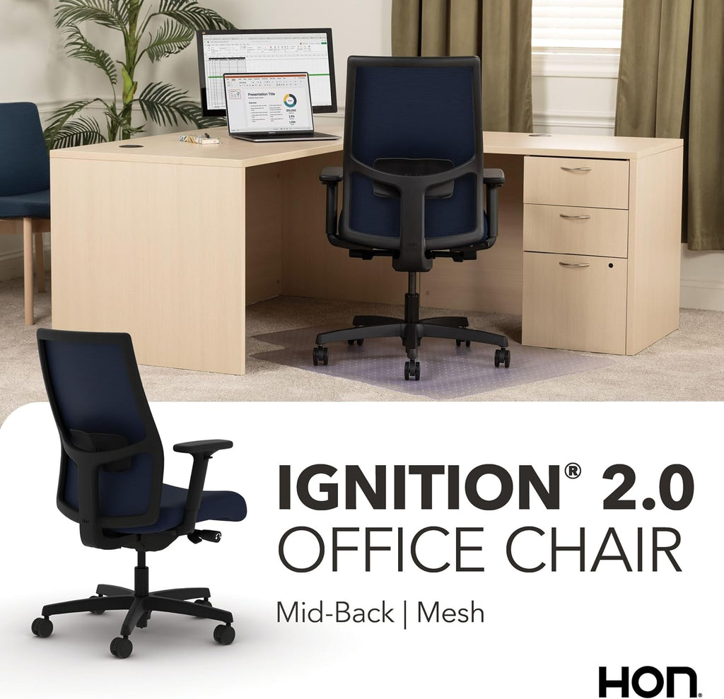 HON Ignition 2.0 Mid Back Task Chair, Spectrum Mesh, Advanced Synchro-Tilt Control, Office Chair with Lumbar Support, Height and Width Adjustable Arms, Black Frame, Blueberry