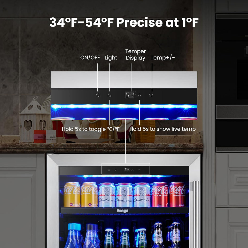 Yeego Beverage-Refrigerator, 24 Inch Beer Cooler Built-in or Freestanding,180 Cans Beverage Cooler with Glass Door，Mini-Fridge for Bottles and Cans Beer/Soda/Water/Wine(Left-Hinged)