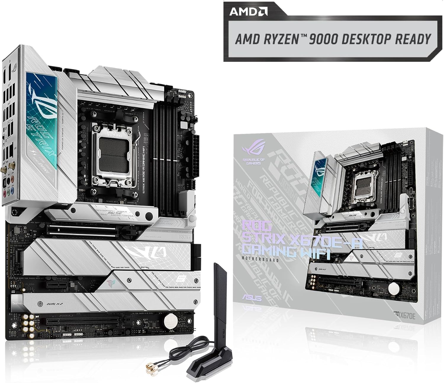 ASUS ROG STRIX X670E-A GAMING WIFI AMD X670 AM5 Ryzen™ Desktop 9000 8000 & 7000 ATX motherboard, 16+2 power stages, PCIe® 5.0, DDR5, 4x M.2 slots with heatsink, USB 3.2 Gen 2x2, WiFi 6E, AI Cooling II