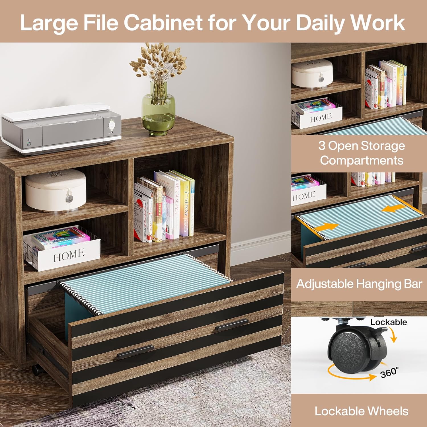 Tribesigns 62.2' Executive Desk with Mobile File Cabinet, L-Shaped Office Desk with Storage Shelves, Large Computer Desk Business Workstation Set for Home Office, Light Brown