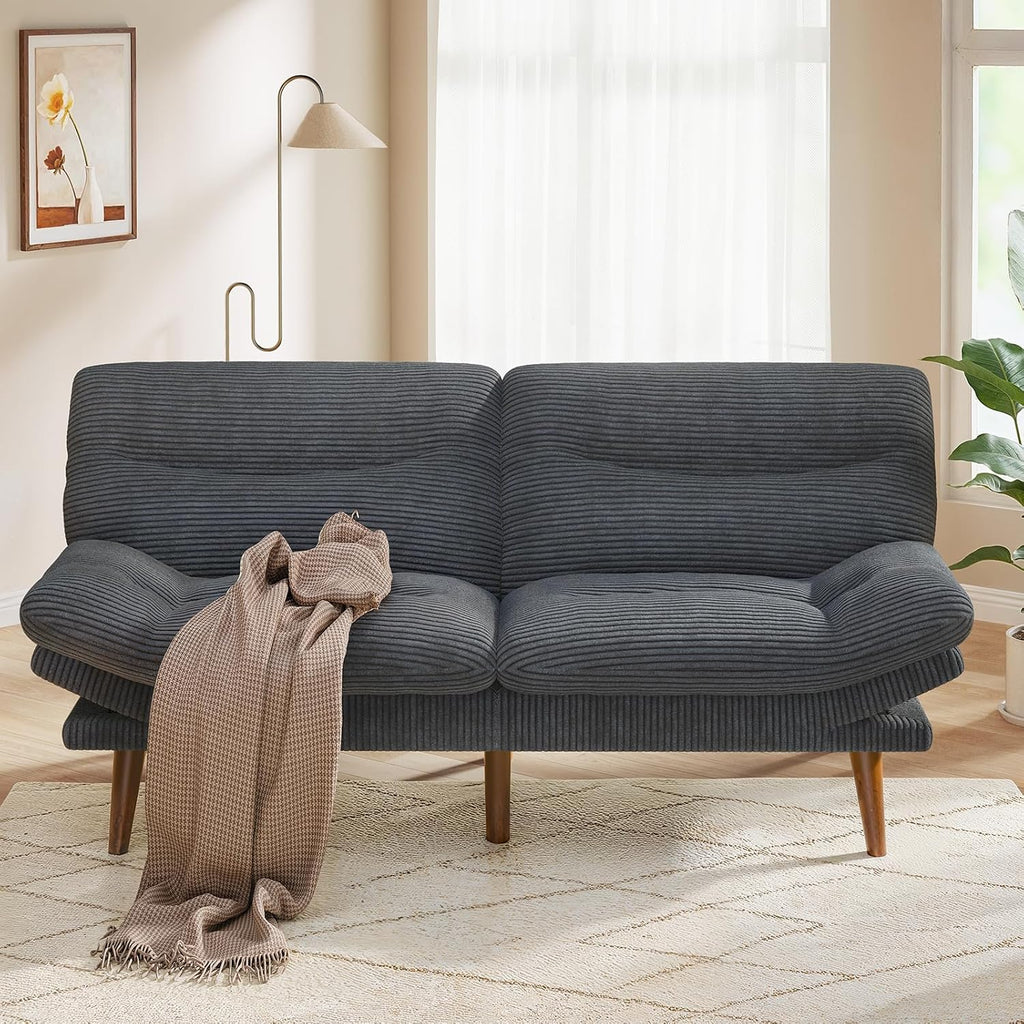 Pipishell Futon Sofa Bed, 75 Inch Corduroy Futon Couch Convertible with Adjustable Backrest and Armrests, Recliner Sleeper Sofa for Small Spaces, Living Room, Office, Guest Room (Grey, 75 Inch) | Adjustable