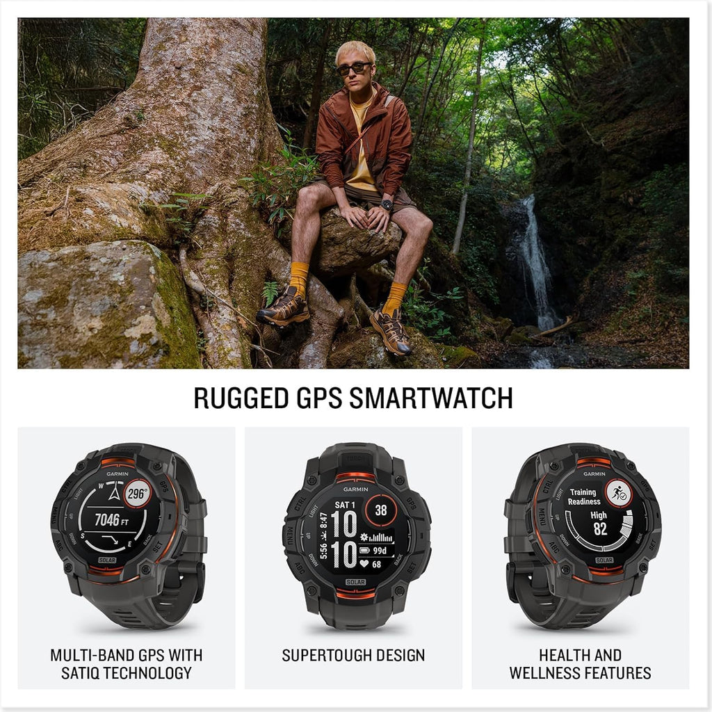 PlayBetter Garmin Instinct 3 Solar 50mm (Black/Charcoal) Rugged Outdoor GPS Smartwatch Bundle - Metal Bezel, Built-in Flashlight, Unlimited Battery Life Portable Charger & HD Screen Protectors