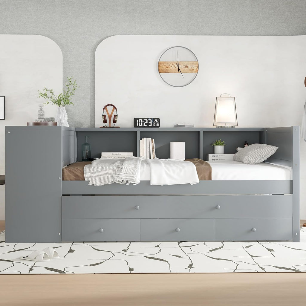 SOFTSEA Twin Size Daybed with Trundle & 3 Storage Drawers, Corner Bed with Desk and Bookcase Headboard, Wooden Daybed with Pull Out Trundle and Storage Shelves for Kids Teens, Grey